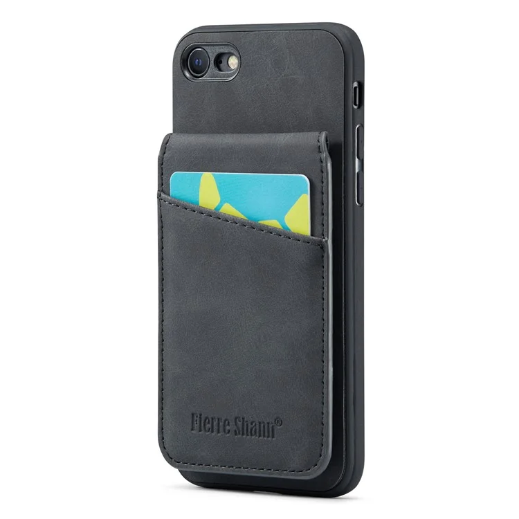 FIERRE SHANN For iPhone 7 / 8 / SE (2020) / SE (2022) Card Holder Phone Case Kickstand PU Leather+TPU Cover - Black