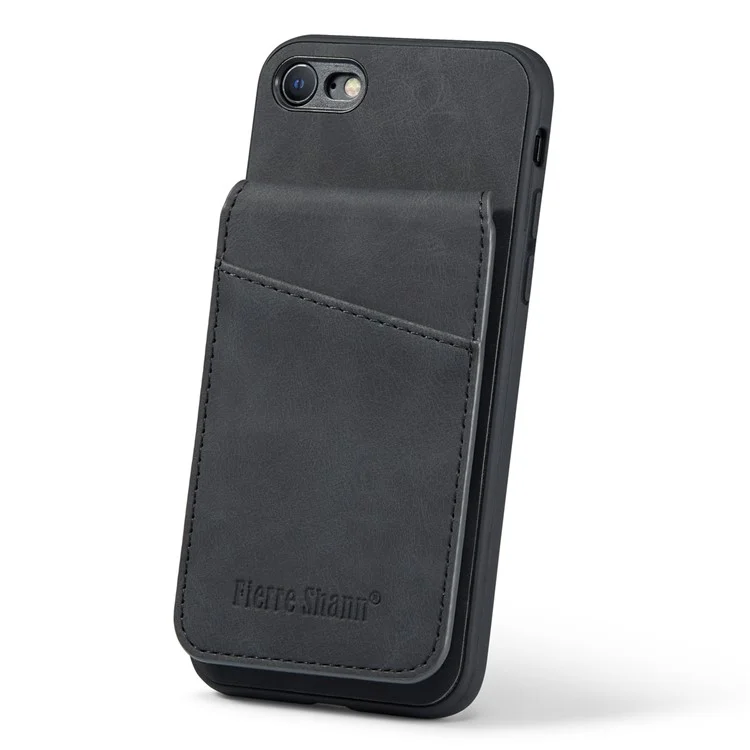 FIERRE SHANN For iPhone 7 / 8 / SE (2020) / SE (2022) Card Holder Phone Case Kickstand PU Leather+TPU Cover - Black
