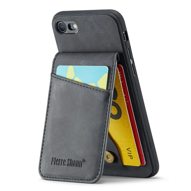 FIERRE SHANN For iPhone 7 / 8 / SE (2020) / SE (2022) Card Holder Phone Case Kickstand PU Leather+TPU Cover - Black