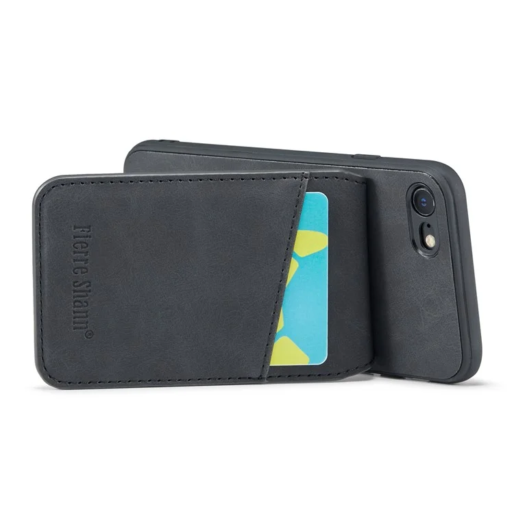 FIERRE SHANN For iPhone 7 / 8 / SE (2020) / SE (2022) Card Holder Phone Case Kickstand PU Leather+TPU Cover - Black