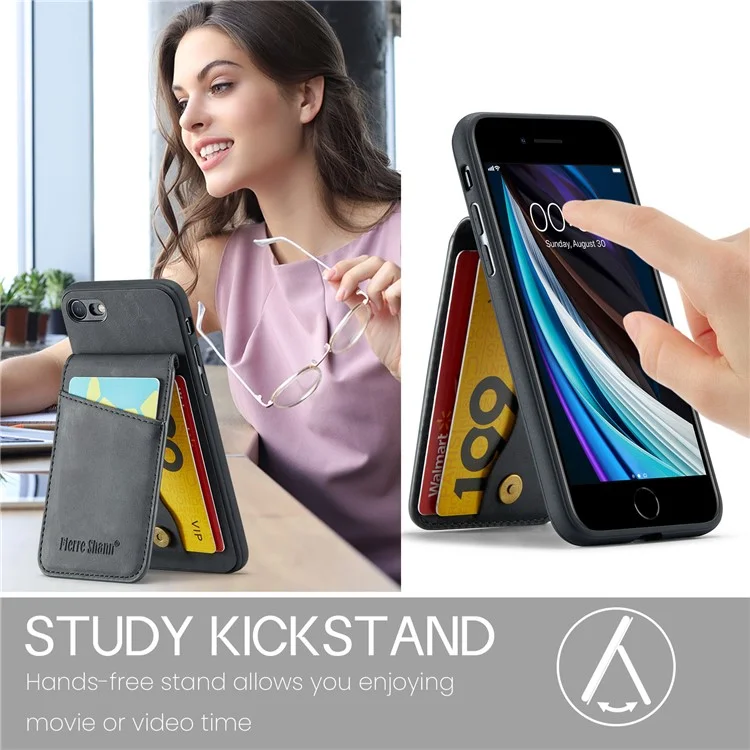 FIERRE SHANN For iPhone 7 / 8 / SE (2020) / SE (2022) Card Holder Phone Case Kickstand PU Leather+TPU Cover - Black