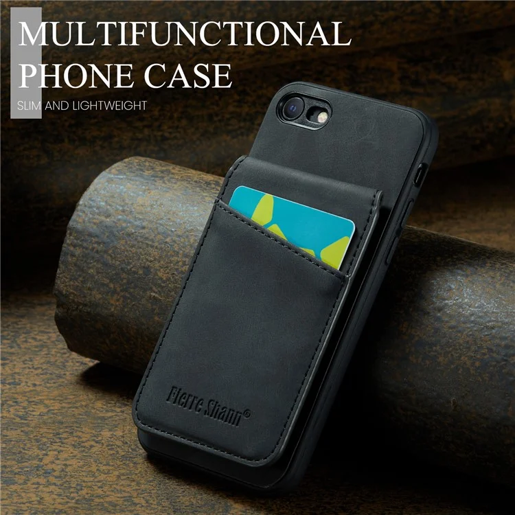 FIERRE SHANN For iPhone 7 / 8 / SE (2020) / SE (2022) Card Holder Phone Case Kickstand PU Leather+TPU Cover - Black