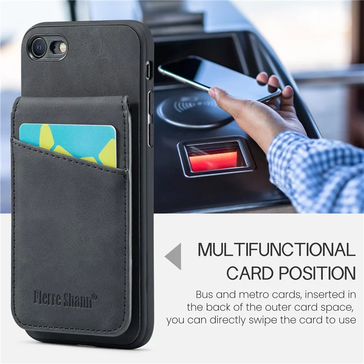 FIERRE SHANN For iPhone 7 / 8 / SE (2020) / SE (2022) Card Holder Phone Case Kickstand PU Leather+TPU Cover - Black