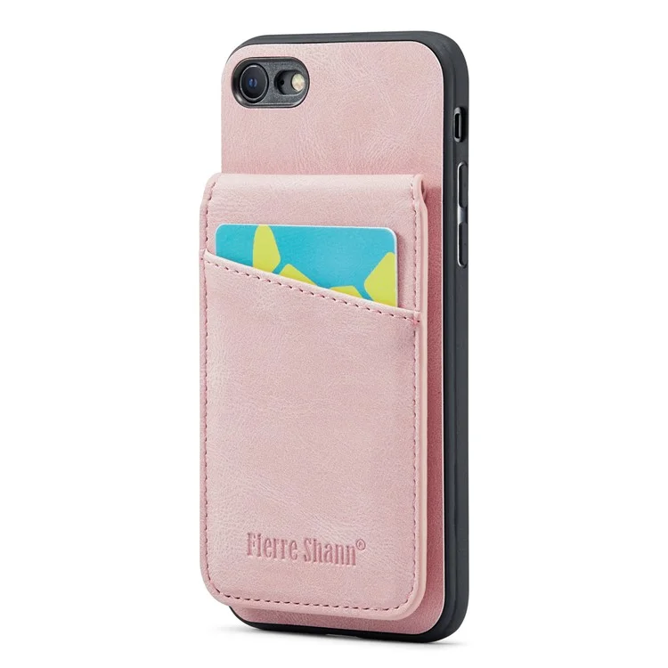 FIERRE SHANN For iPhone 7 / 8 / SE (2020) / SE (2022) Card Holder Phone Case Kickstand PU Leather+TPU Cover - Pink