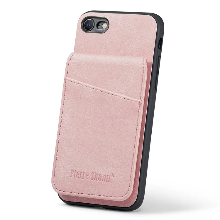FIERRE SHANN For iPhone 7 / 8 / SE (2020) / SE (2022) Card Holder Phone Case Kickstand PU Leather+TPU Cover - Pink