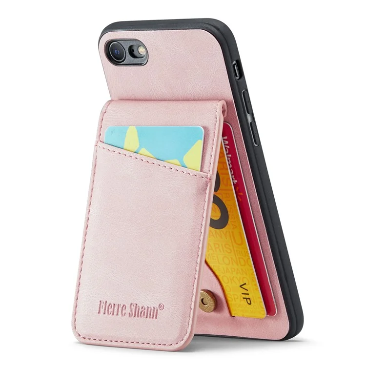 FIERRE SHANN For iPhone 7 / 8 / SE (2020) / SE (2022) Card Holder Phone Case Kickstand PU Leather+TPU Cover - Pink