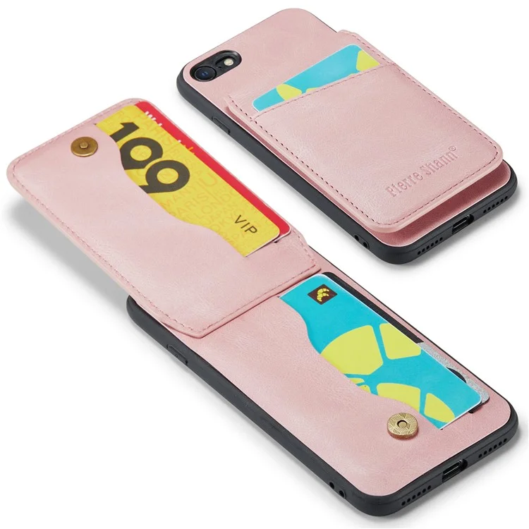 FIERRE SHANN For iPhone 7 / 8 / SE (2020) / SE (2022) Card Holder Phone Case Kickstand PU Leather+TPU Cover - Pink