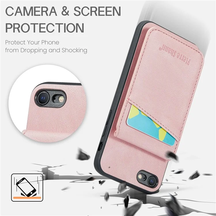 FIERRE SHANN For iPhone 7 / 8 / SE (2020) / SE (2022) Card Holder Phone Case Kickstand PU Leather+TPU Cover - Pink