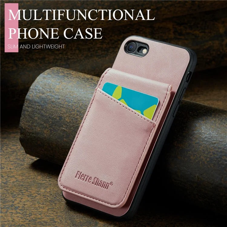 FIERRE SHANN For iPhone 7 / 8 / SE (2020) / SE (2022) Card Holder Phone Case Kickstand PU Leather+TPU Cover - Pink