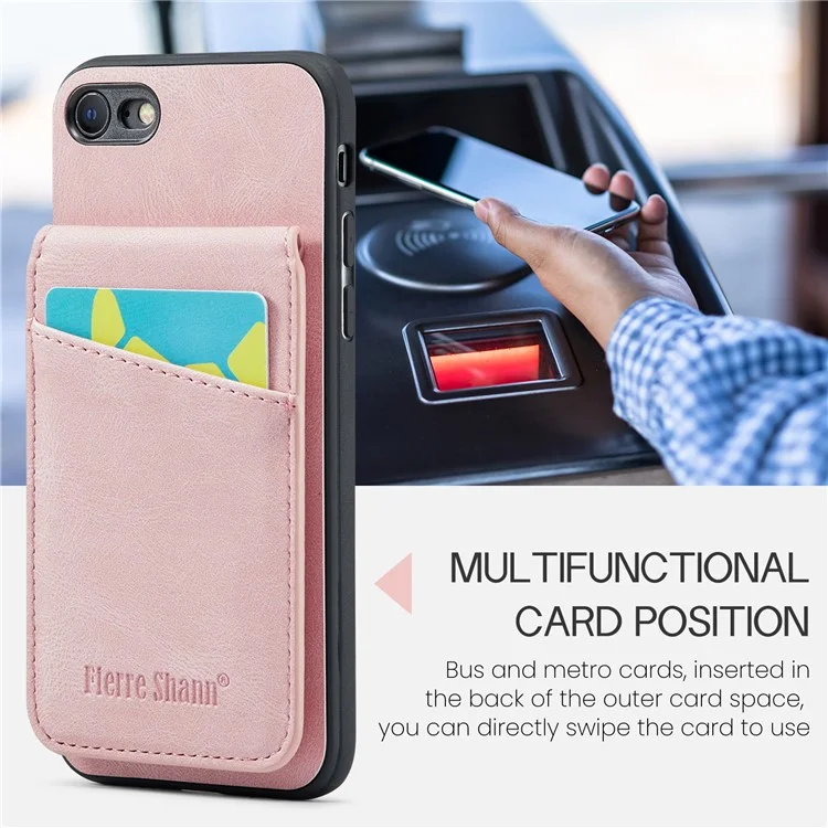 FIERRE SHANN For iPhone 7 / 8 / SE (2020) / SE (2022) Card Holder Phone Case Kickstand PU Leather+TPU Cover - Pink