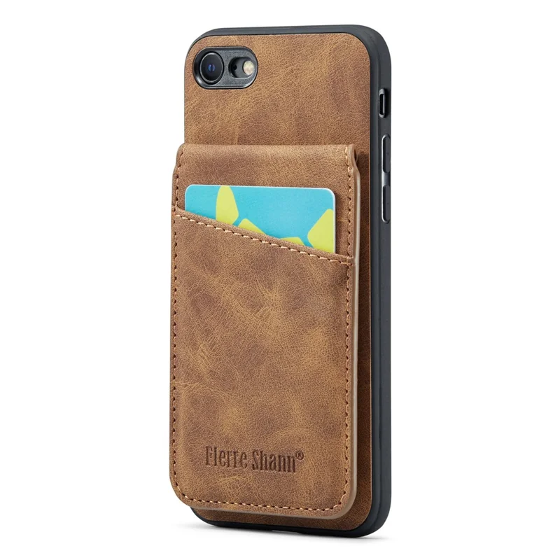 FIERRE SHANN For iPhone 7 / 8 / SE (2020) / SE (2022) Card Holder Phone Case Kickstand PU Leather+TPU Cover - Brown