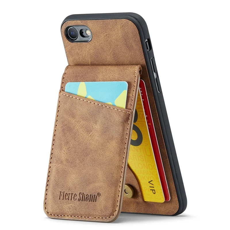 FIERRE SHANN For iPhone 7 / 8 / SE (2020) / SE (2022) Card Holder Phone Case Kickstand PU Leather+TPU Cover - Brown