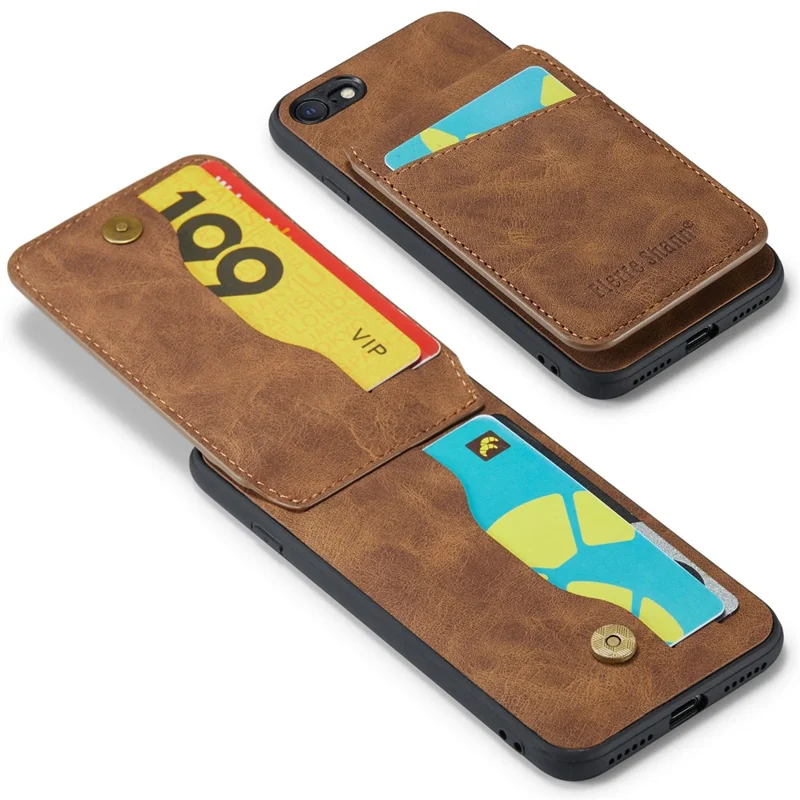 FIERRE SHANN For iPhone 7 / 8 / SE (2020) / SE (2022) Card Holder Phone Case Kickstand PU Leather+TPU Cover - Brown