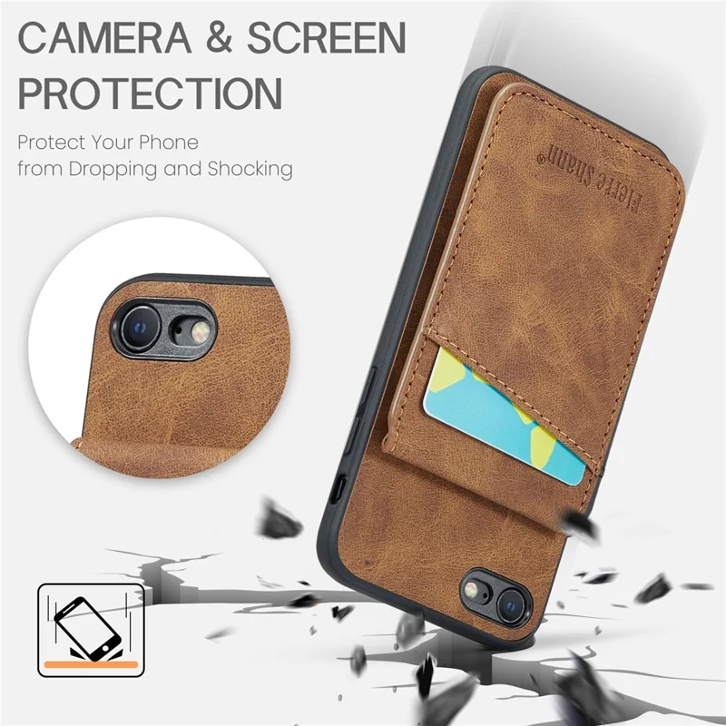 FIERRE SHANN For iPhone 7 / 8 / SE (2020) / SE (2022) Card Holder Phone Case Kickstand PU Leather+TPU Cover - Brown