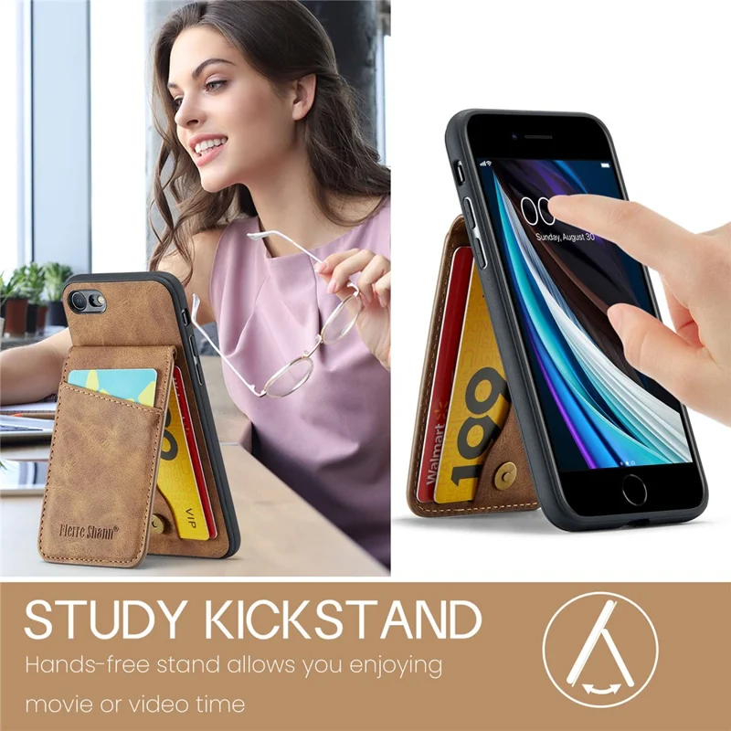 FIERRE SHANN For iPhone 7 / 8 / SE (2020) / SE (2022) Card Holder Phone Case Kickstand PU Leather+TPU Cover - Brown