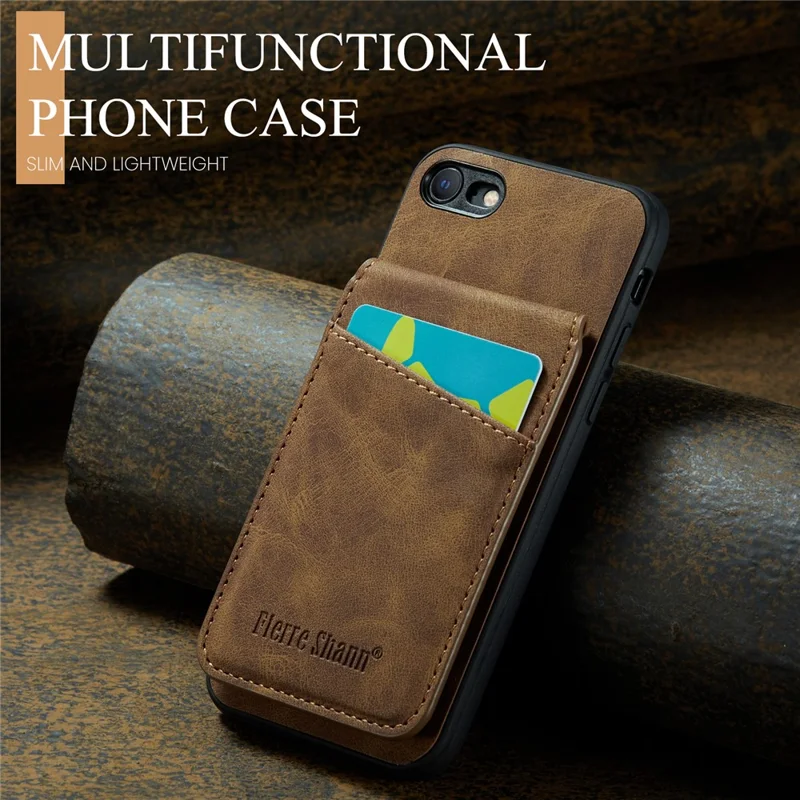 FIERRE SHANN For iPhone 7 / 8 / SE (2020) / SE (2022) Card Holder Phone Case Kickstand PU Leather+TPU Cover - Brown