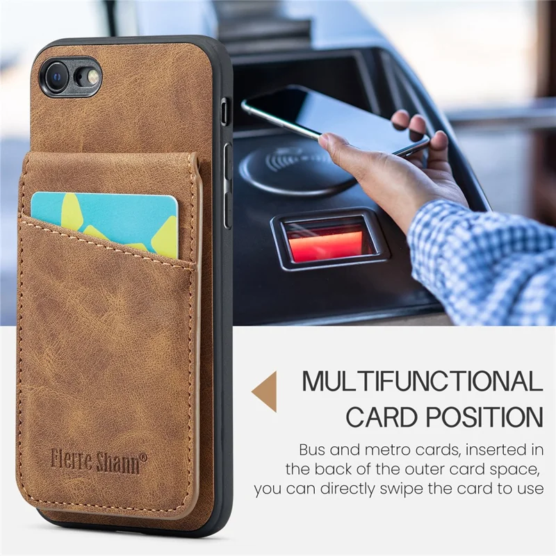 FIERRE SHANN For iPhone 7 / 8 / SE (2020) / SE (2022) Card Holder Phone Case Kickstand PU Leather+TPU Cover - Brown