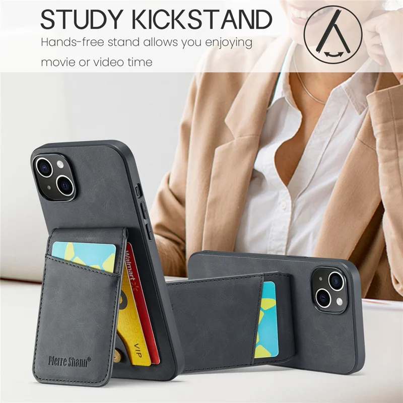 Fierre Shann Carte Holder Téléphone Case Pour Iphone 13 PU Leather + TPU Cover Kickstand - Noir