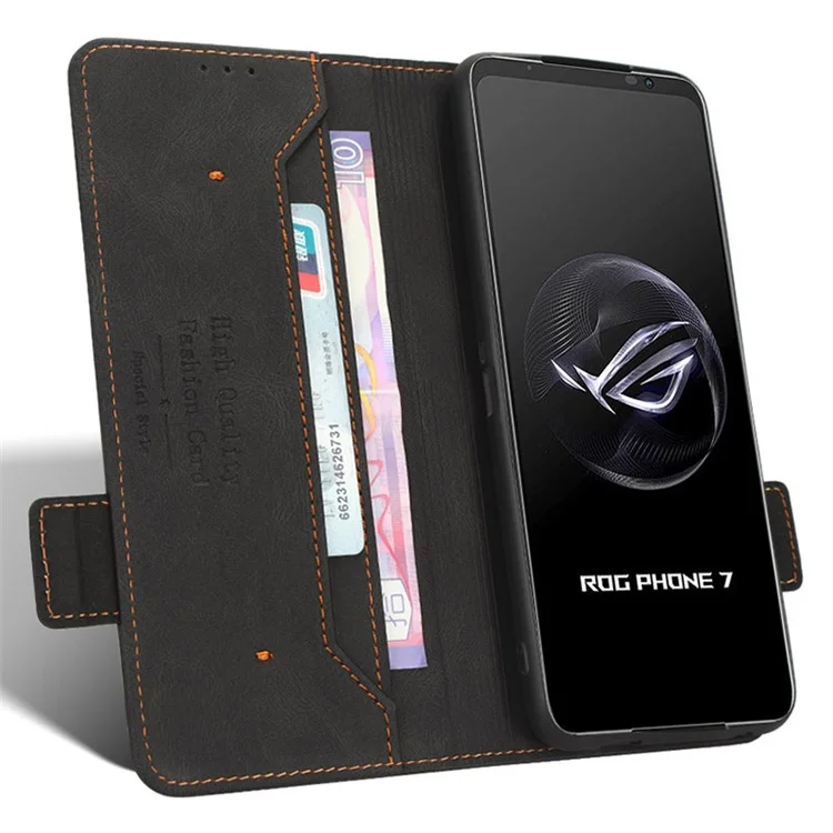 Para Asus ROG Phone 7 Ultimate 5G / ROG Phone 7 5G Decoración de hardware Funda de teléfono de cuero sintético con soporte y billetera - Negro