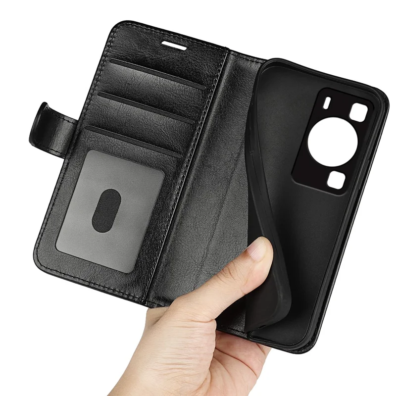 Crazy Horse Texture Phone Case for Huawei P60 , PU Leather+TPU Wallet Stand Phone Cover - Black