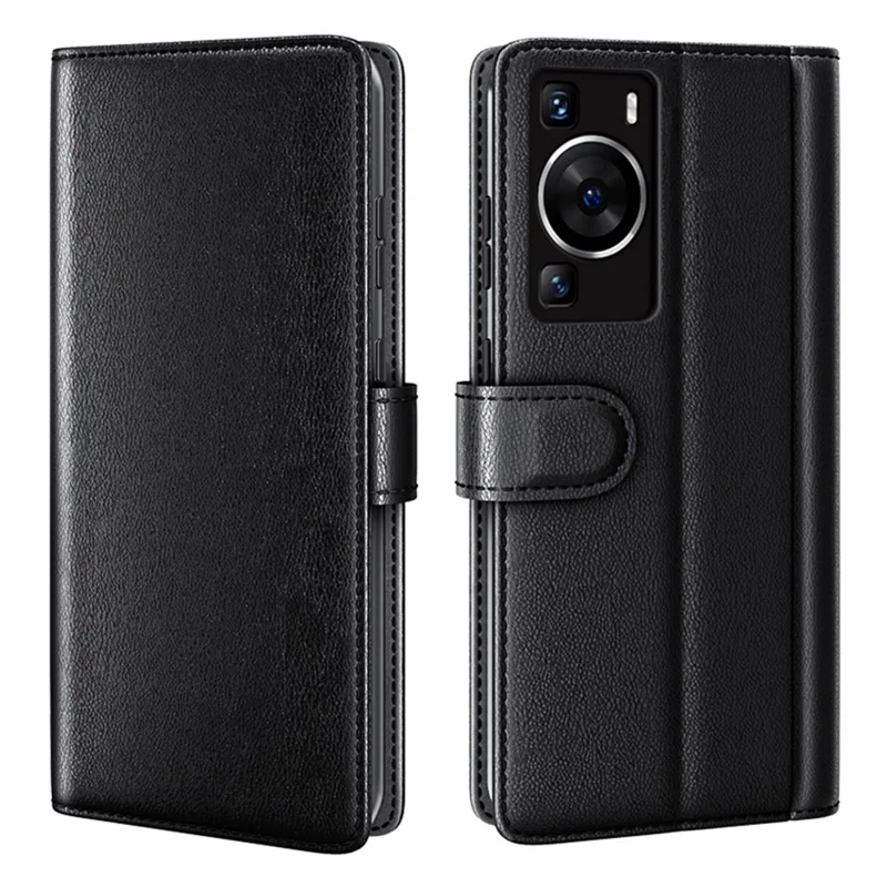 For Huawei P60 / P60 Pro Case Genuine Split Leather Phone Cover with Wallet Stand - Black