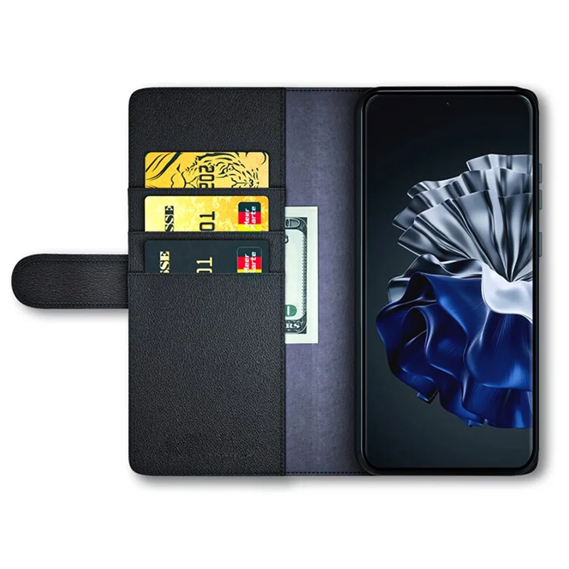 For Huawei P60 / P60 Pro Case Genuine Split Leather Phone Cover with Wallet Stand - Black