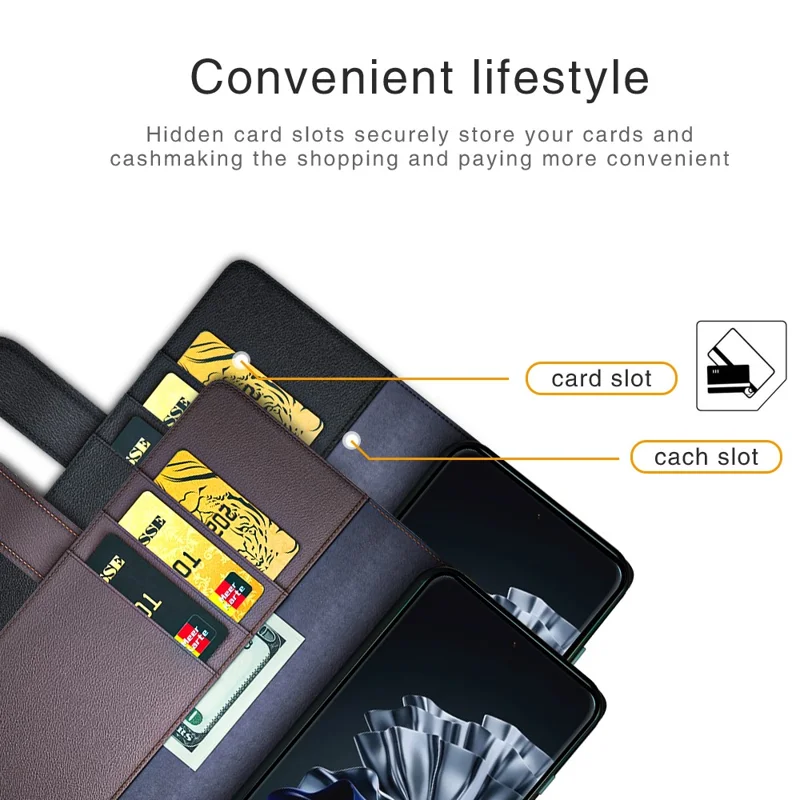 For Huawei P60 / P60 Pro Case Genuine Split Leather Phone Cover with Wallet Stand - Black