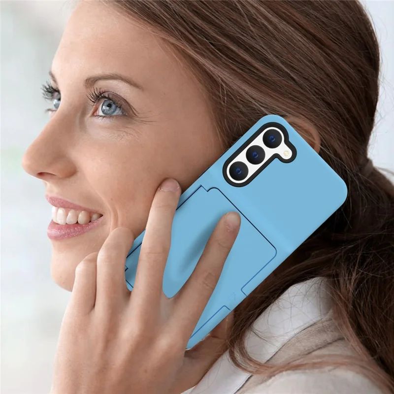 For Samsung Galaxy S23 Cardcase Series Card Holder Thick Phone Case Kickstand Mirror Function PC + TPU Cover - Sky Blue