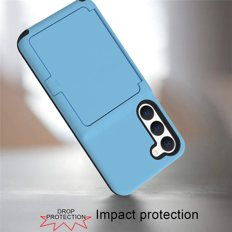 For Samsung Galaxy S23 Cardcase Series Card Holder Thick Phone Case Kickstand Mirror Function PC + TPU Cover - Sky Blue