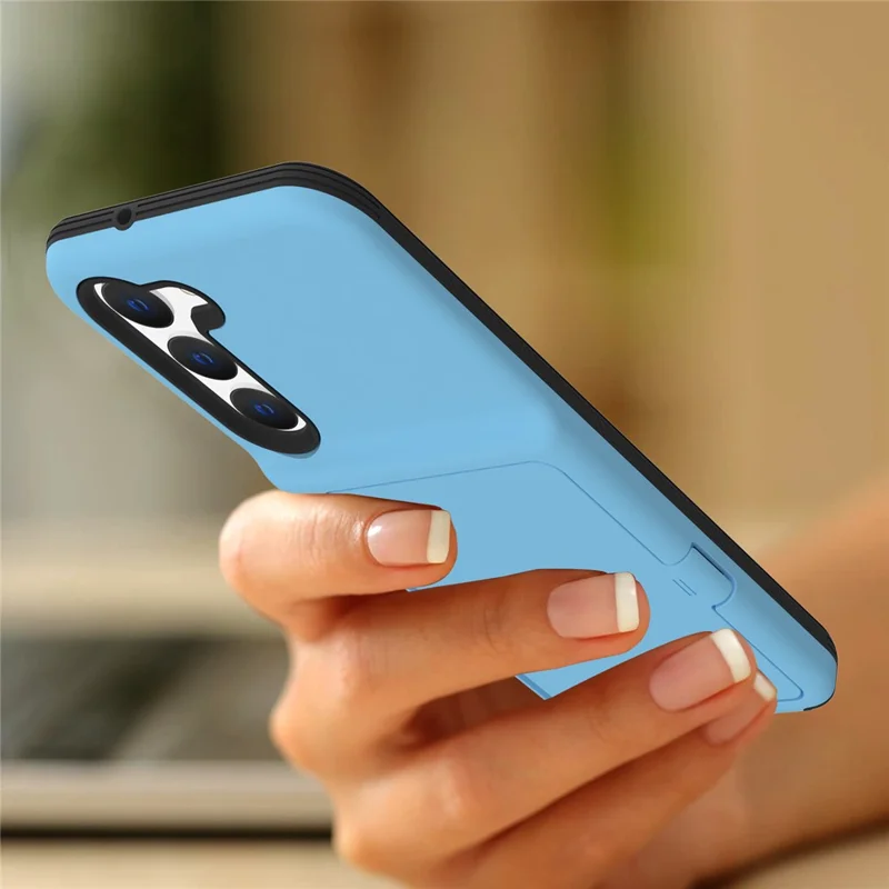 For Samsung Galaxy S23 Cardcase Series Card Holder Thick Phone Case Kickstand Mirror Function PC + TPU Cover - Sky Blue