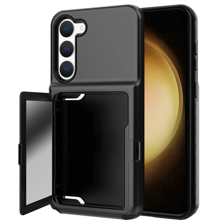 Para Samsung Galaxy S23 Cardcase Series Card Holder Thick Phone Case Kickstand Mirror Function PC + TPU Cover - Preto