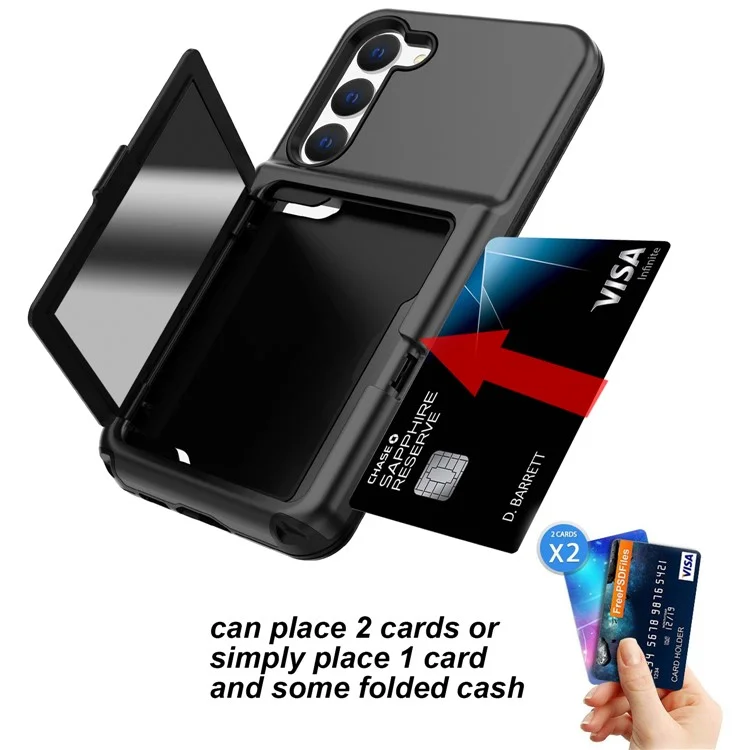 Para Samsung Galaxy S23 Cardcase Series Card Holder Thick Phone Case Kickstand Mirror Function PC + TPU Cover - Preto