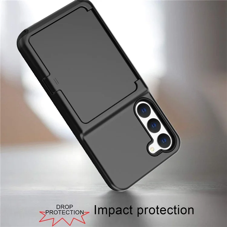 Para Samsung Galaxy S23 Cardcase Series Card Holder Thick Phone Case Kickstand Mirror Function PC + TPU Cover - Preto