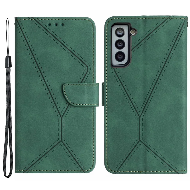 HT05 For Samsung Galaxy S22 5G PU Leather Imprinted Line Phone Case Wallet Stand Skin-touch Protective Cover - Green