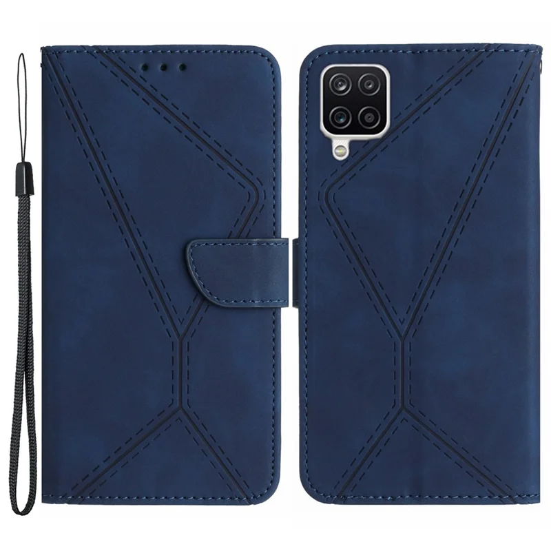 HT05 Für Samsung Galaxy A22 4G (EU-Version) PU-Leder-Ständer-Cover Skin-Touch-bedruckter Linienbrieftaschen-Handyhülle - Blau
