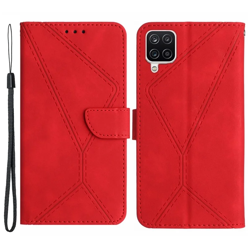 HT05 For Samsung Galaxy A22 4G (EU Version) PU Leather Stand Cover Skin-touch Imprinted Line Wallet Phone Case - Red