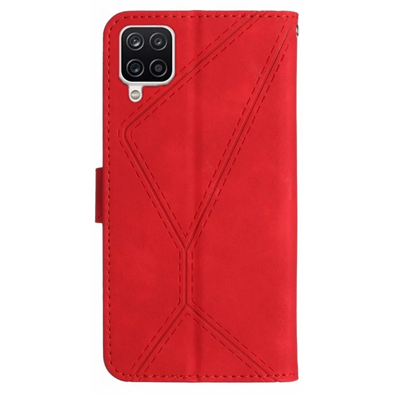 HT05 For Samsung Galaxy A22 4G (EU Version) PU Leather Stand Cover Skin-touch Imprinted Line Wallet Phone Case - Red