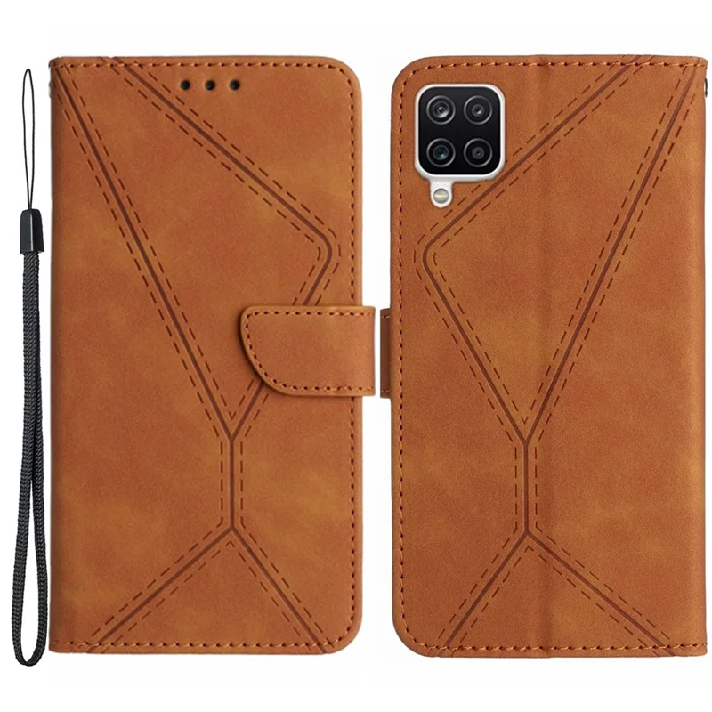 HT05 For Samsung Galaxy A22 4G (EU Version) PU Leather Stand Cover Skin-touch Imprinted Line Wallet Phone Case - Brown
