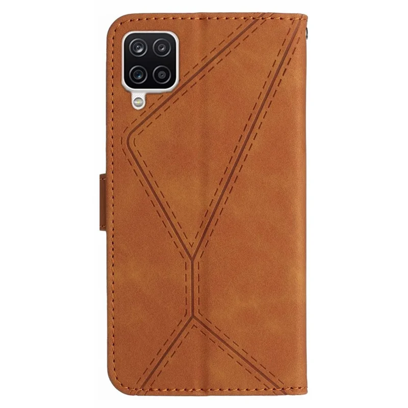 HT05 For Samsung Galaxy A22 4G (EU Version) PU Leather Stand Cover Skin-touch Imprinted Line Wallet Phone Case - Brown