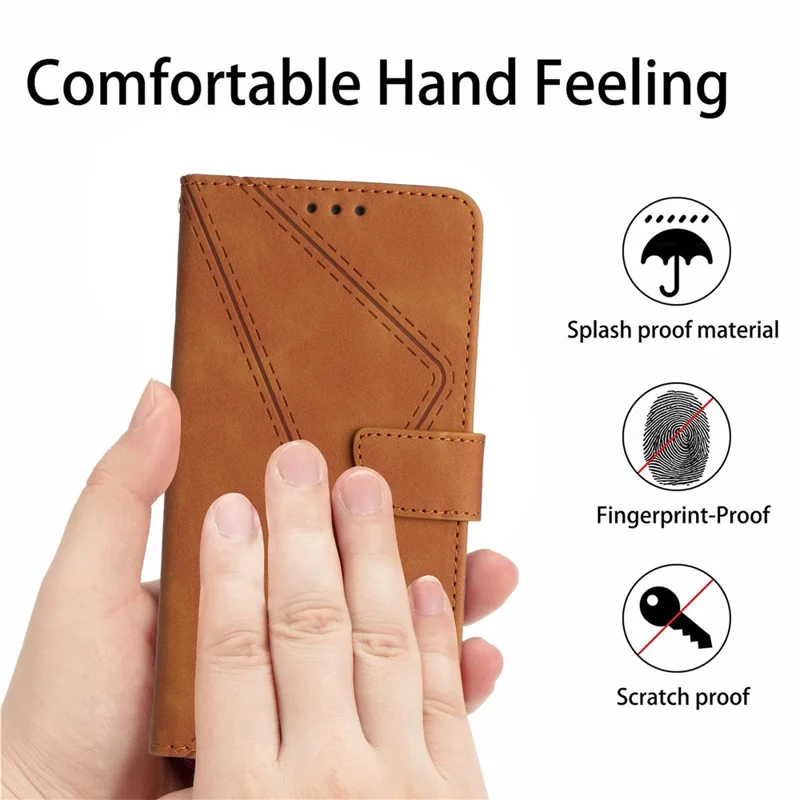 HT05 For Samsung Galaxy A22 4G (EU Version) PU Leather Stand Cover Skin-touch Imprinted Line Wallet Phone Case - Brown