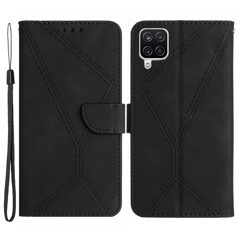 HT05 For Samsung Galaxy A22 4G (EU Version) PU Leather Stand Cover Skin-touch Imprinted Line Wallet Phone Case - Black