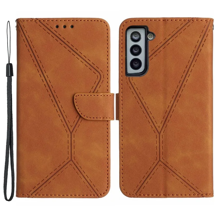 HT05 Pour Samsung Galaxy S22+ 5G Imprinted Line Leather Case Skin-touch Wallet Phone Stand Cover - Brun