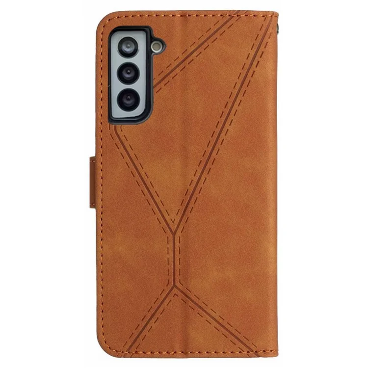 HT05 Pour Samsung Galaxy S22+ 5G Imprinted Line Leather Case Skin-touch Wallet Phone Stand Cover - Brun