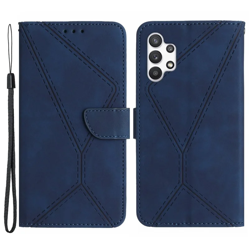 HT05 PU Leather Case for Samsung Galaxy A32 4G (EU Version) Imprinted Line Wallet Stand Skin-touch Cover - Blue