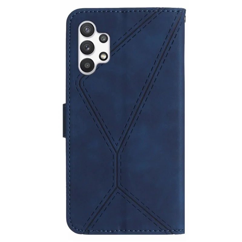 HT05 PU Leather Case for Samsung Galaxy A32 4G (EU Version) Imprinted Line Wallet Stand Skin-touch Cover - Blue