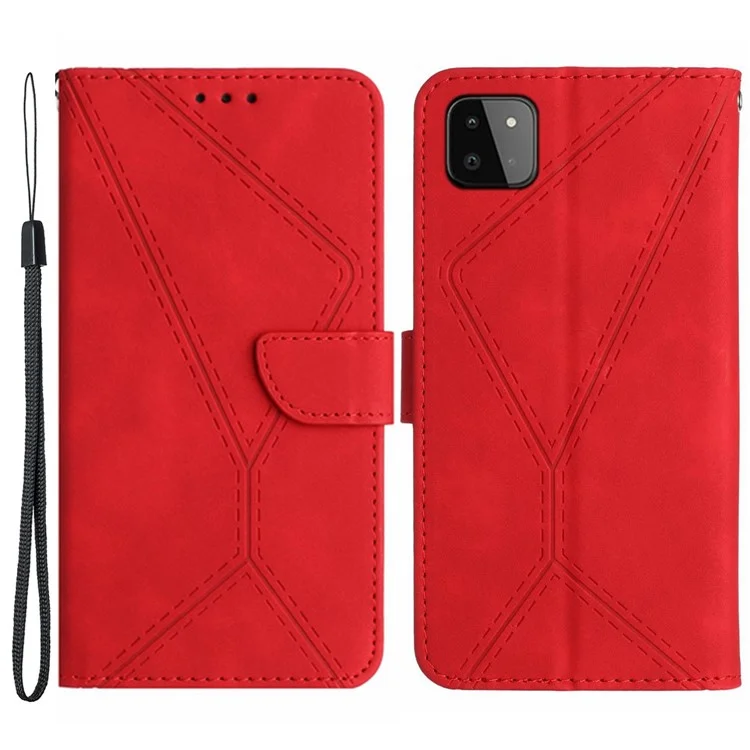 HT05 Skin-touch Phone Case per Samsung Galaxy A22 5G (Versione EU) Custodia in pelle con stampa a linee Portafoglio Stand - Rosso