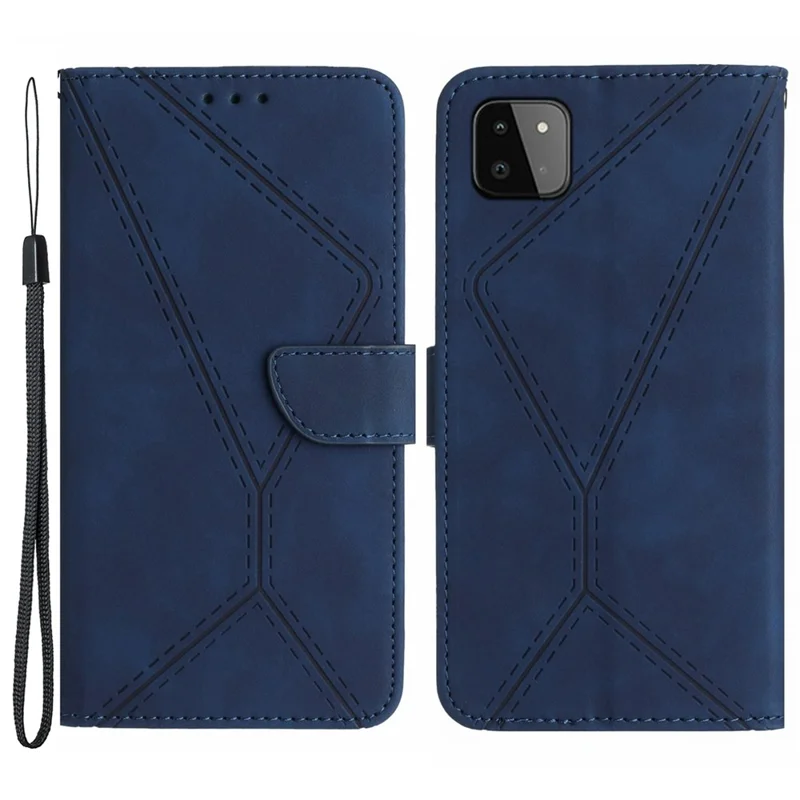 HT05 Skin-touch hylsa för Samsung Galaxy A22 5G (EU-version) med präglad linje, plånbok, ställfunktion, läderhölje - Blå