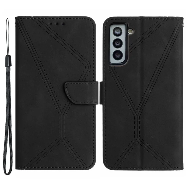 HT05 Stand Case per Samsung Galaxy S21 FE 5G Custodia con linee impresse Pelle PU touch skin - Nero