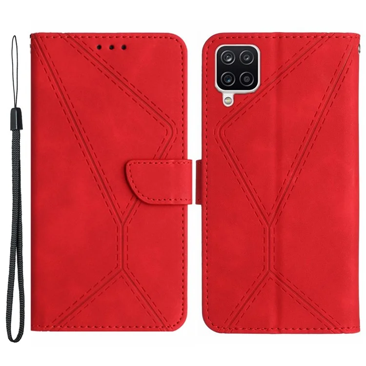 HT05 Para Samsung Galaxy A12 / M12 / F12 Imprinted Line Wallet Stand Skin-touch PU Leather Phone Case - Rojo