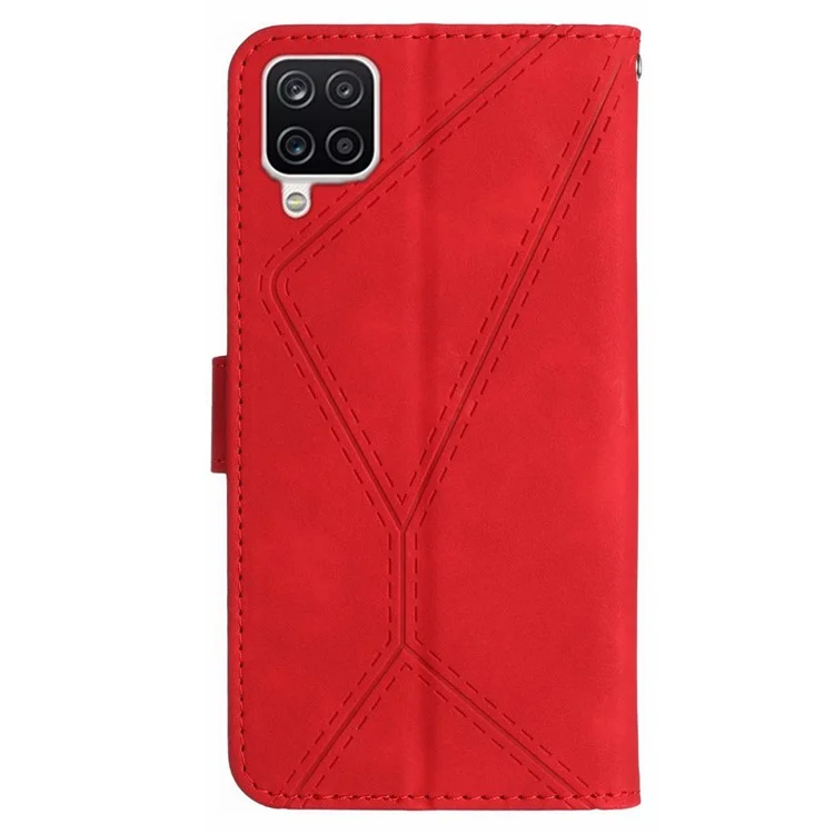 HT05 Para Samsung Galaxy A12 / M12 / F12 Imprinted Line Wallet Stand Skin-touch PU Leather Phone Case - Rojo